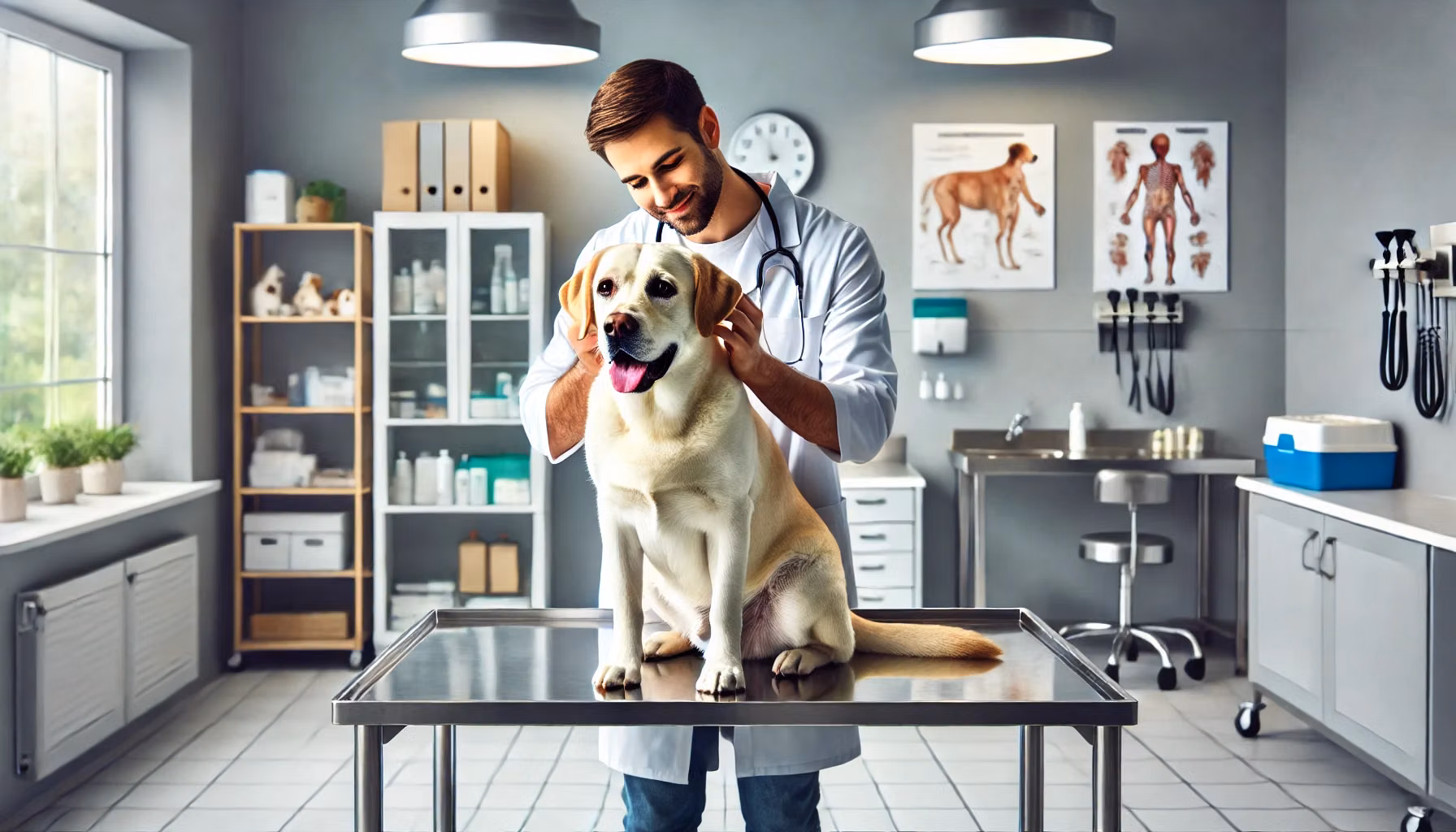 Veterinarian examining a dog's eyes and ears during a wellness exam