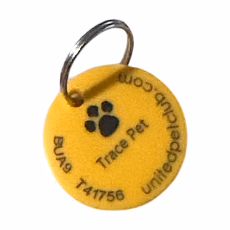 Yellow United Pet Club standard pet ID tag with QR code and split ring