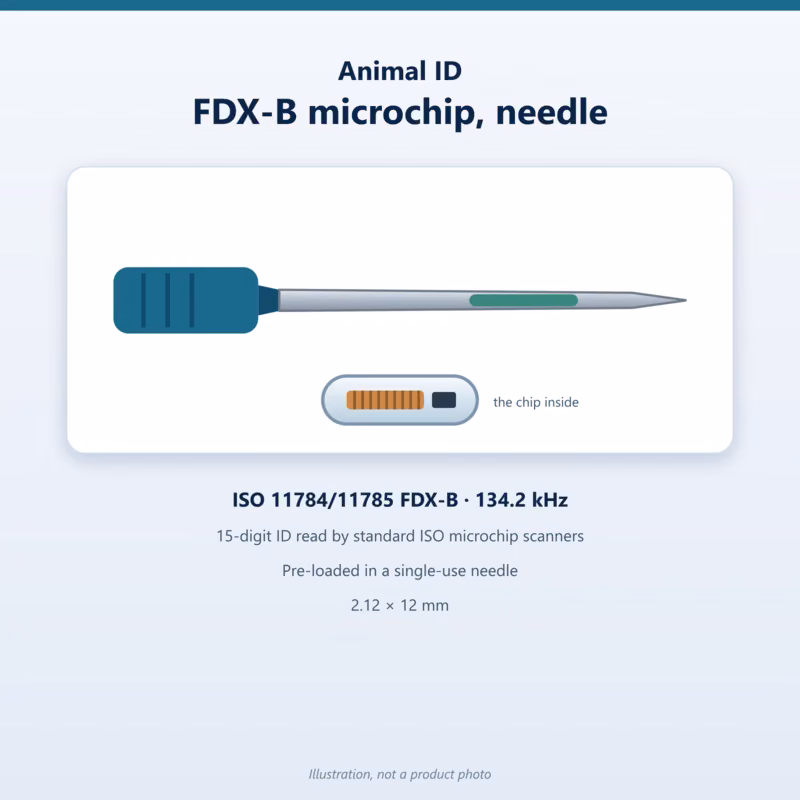 Illustration of an Animal ID ISO FDX-B microchip pre-loaded in a single-use needle, 134.2 kHz, 2.12 by 12 mm