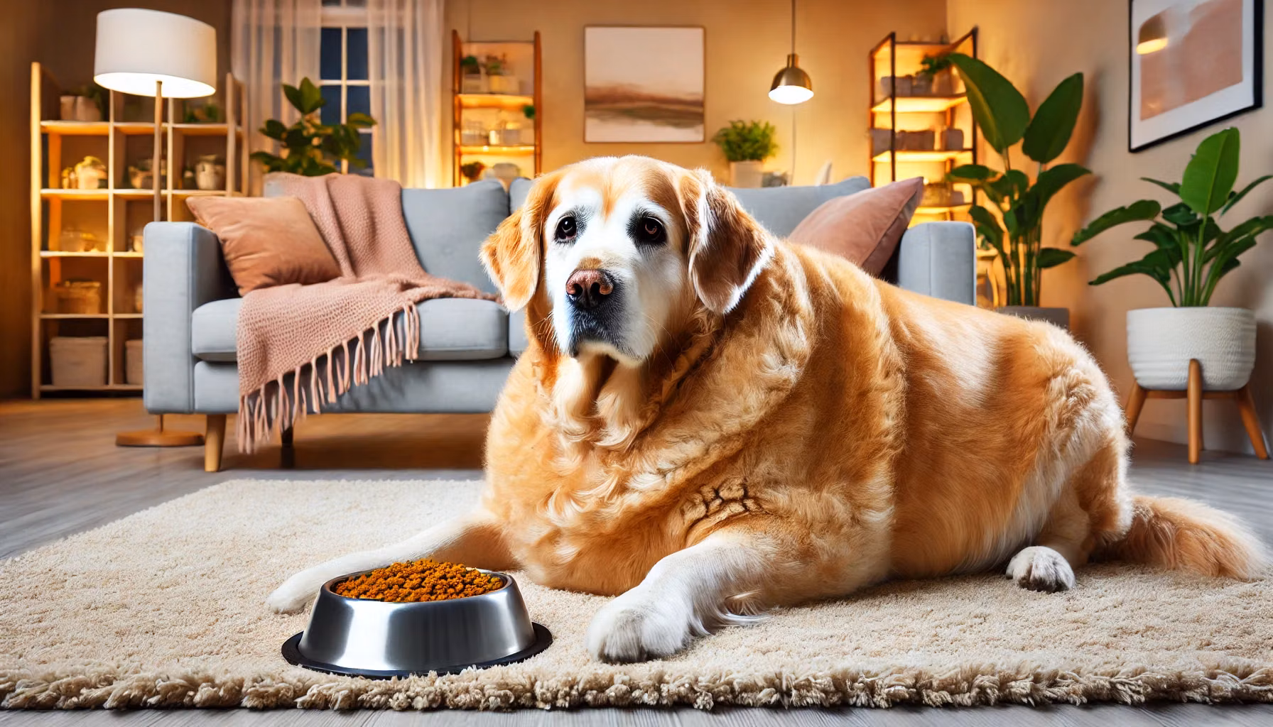 Overweight dog standing indoors, showing visible extra weight around the midsection