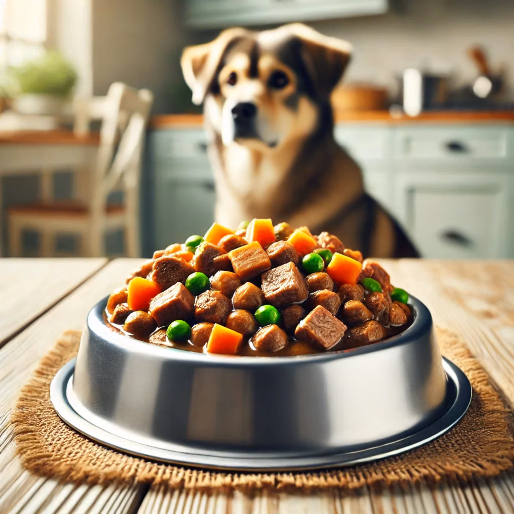 Close up of wet dog food portioned into a feeding bowl