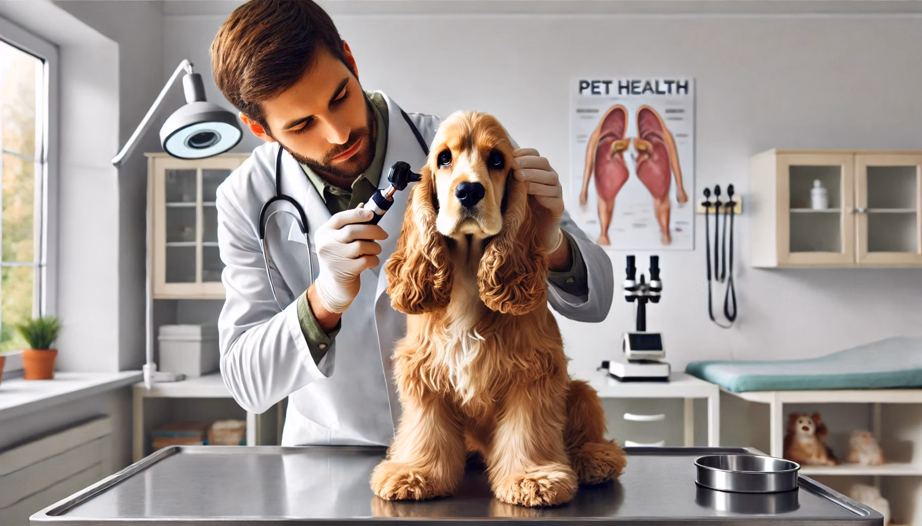 Veterinarian examining a dog's ear during a checkup for signs of infection